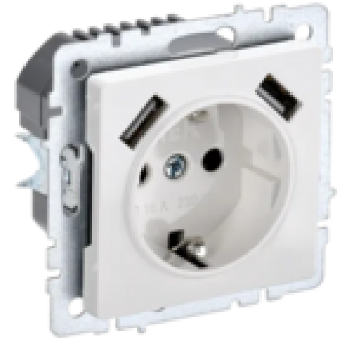 IEK BRITE Розетка 1-местная с заземлением с защитными шторками 16А с USB A+A 5В 2,1А РЮш10-1-БрБ белый (BR-R14-16-U21-D21-K01)